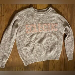 For the Republic lilac crew-neck sweater "ECLECTIC" across front in pink text